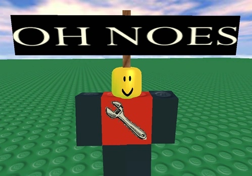 Builderman Roblox wearing the Oh Noes sign hat.